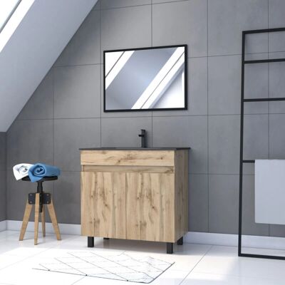 Mueble de baño Aurlane Timber 80x80cm - Roble natural + lavabo negro + espejo Mueble de baño Aurlane Timber 80x80cm - Roble natural + lavabo negro + espejo