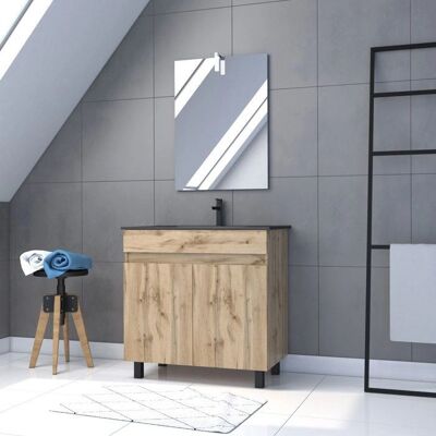 Aurlane Mueble de baño Timber 80cm - Roble, Lavabo negro, Espejo LED Aurlane Mueble de baño Timber 80cm - Roble, Lavabo negro, Espejo LED