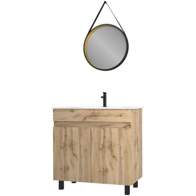 Aurlane Mueble de baño Timber 80cm - Acabado Roble, Lavabo Negro, Espejo Aurlane Mueble de baño Timber 80cm - Acabado Roble, Lavabo Negro, Espejo