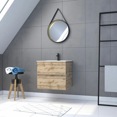 Mueble de baño de roble Aurlane - Suspendido, 60cm, Lavabo blanco, Espejo Mueble de baño de roble Aurlane - Suspendido, 60cm, Lavabo blanco, Espejo