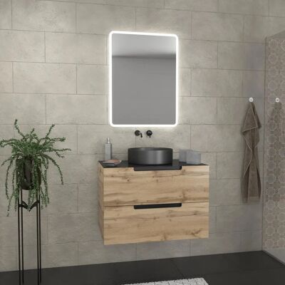 Aurlane Pacm438 - Mueble de baño en negro y roble - 2 cajones - lavabo redondo - espejo LED Aurlane Pacm438 - Mueble de baño en negro y roble - 2 cajones - lavabo redondo - espejo LED