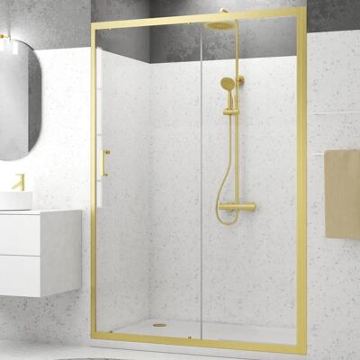 Porte de douche Aurlane FAC958 Or Brossé - Verre trempé 6mm - Réversible - Publicité Porte de douche Aurlane FAC958 Or Brossé - Verre trempé 6mm - Réversible - Publicité