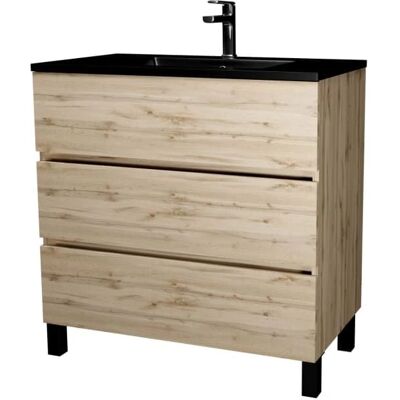 Aurlane Meuble de salle de bain - Chêne Naturel - 80cm, 3 tiroirs, Lavabo en céramique noire - Publicité Aurlane Meuble de salle de bain - Chêne Naturel - 80cm, 3 tiroirs, Lavabo en céramique noire - Publicité