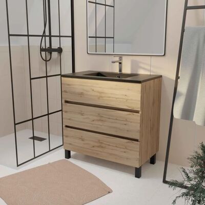 Aurlane Meuble de salle de bain - Chêne Naturel - 80cm, 3 tiroirs, Lavabo en céramique noire - Publicité Aurlane Meuble de salle de bain - Chêne Naturel - 80cm, 3 tiroirs, Lavabo en céramique noire - Publicité