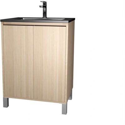 AURLANE - Mueble de baño 60cm 2 puertas Roble Claro + Lavabo de cerámica negra AURLANE - Mueble de baño 60cm 2 puertas Roble Claro + Lavabo de cerámica negra