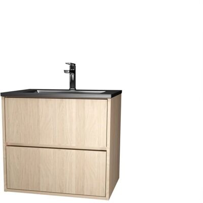 AURLANE - Meuble de salle de bain - 60 cm Chêne Clair, Lavabo en céramique noire - Publicité AURLANE - Meuble de salle de bain - 60 cm Chêne Clair, Lavabo en céramique noire - Publicité