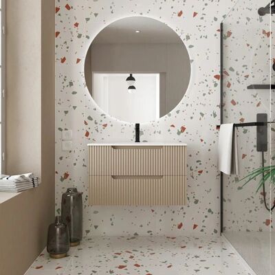 Aurlane Meuble de Salle de Bain 80cm Marron Glacé - Tiroirs MDF Ondulés - Lavabo Encastré - Publicité Aurlane Meuble de Salle de Bain 80cm Marron Glacé - Tiroirs MDF Ondulés - Lavabo Encastré - Publicité