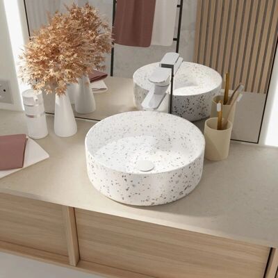 Aurlane - Lavabo de cerámica blanca mate efecto terrazzo gris Ø35CM Aurlane - Lavabo de cerámica blanca mate efecto terrazzo gris Ø35CM