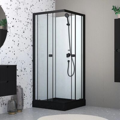 Aurlane - Cabina de ducha cuadrada 80x80 cm - Puertas correderas - Plato negro mate Aurlane - Cabina de ducha cuadrada 80x80 cm - Puertas correderas - Plato negro mate
