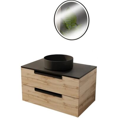 Aurlane Mueble de Baño 80cm 2 Cajones - Madera Vintage y Negro - Lavabo Ø36cm y Espejo LED Ø50cm Aurlane Mueble de Baño 80cm 2 Cajones - Madera Vintage y Negro - Lavabo Ø36cm y Espejo LED Ø50cm