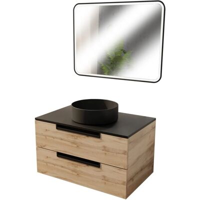 Aurlane - Meuble de Salle de Bain 80cm 2 Tiroirs - Bois Noir - Lavabo Ø36 & Miroir led - Publicité Aurlane - Meuble de Salle de Bain 80cm 2 Tiroirs - Bois Noir - Lavabo Ø36 & Miroir led - Publicité
