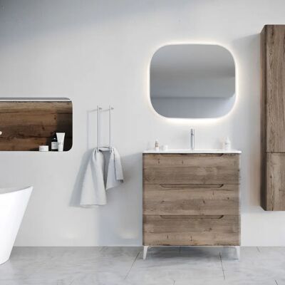 Aurlane - 80 cm 3-drawer - Roble Oscuro - Lavabo de Cerámica Blanca - Gabinete de baño Aurlane - 80 cm 3-drawer - Roble Oscuro - Lavabo de Cerámica Blanca - Gabinete de baño