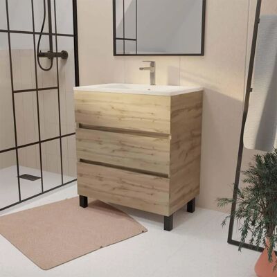 Aurlane - Meuble de bain 70cm Chêne décoré avec 3 tiroirs et Lavabo céramique blanc - Meuble de bain - Publicité Aurlane - Meuble de bain 70cm Chêne décoré avec 3 tiroirs et Lavabo céramique blanc - Meuble de bain - Publicité