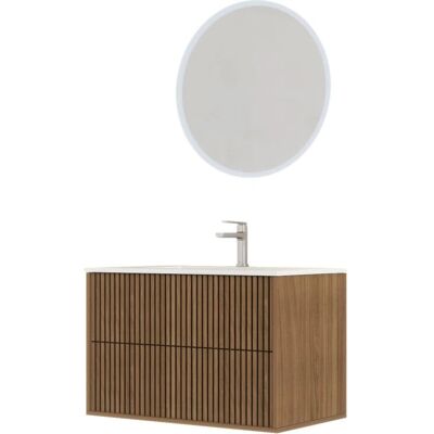 Meuble de salle de bain AURLANE 2 tiroirs 60cm Chêne et Noir - Lavabo Blanc - Miroir LED - Publicité Meuble de salle de bain AURLANE 2 tiroirs 60cm Chêne et Noir - Lavabo Blanc - Miroir LED - Publicité