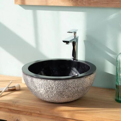 WANDA COLLECTION Lavabo de mármol en encimera - Negro Estrómboli - Para baños pequeños WANDA COLLECTION Lavabo de mármol en encimera - Negro Estrómboli - Para baños pequeños