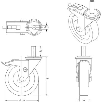 Roues-et-Roulettes.com - Roulette pivotante frein 125 mm - rouge - 22x47 mm - Caster wheel Roues-et-Roulettes.com - Roulette pivotante frein 125 mm - rouge - 22x47 mm - Caster wheel