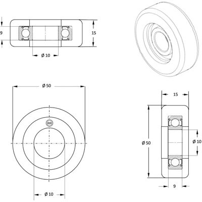 Roues-et-Roulettes.com - Galet guidage 50x15 bore 10 - 9 mm - Guide wheel Roues-et-Roulettes.com - Galet guidage 50x15 bore 10 - 9 mm - Guide wheel