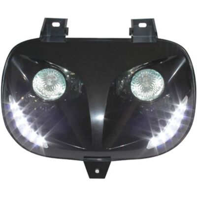 Phares de moto à double optique RR8 noir avec LEDs blanches - Phare de moto - Publicité Phares de moto à double optique RR8 noir avec LEDs blanches - Phare de moto - Publicité