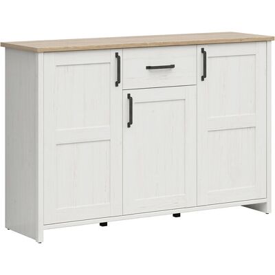 Aparador Aksel Blanco y Madera PETITS-MEUBLES - 3 Puertas, 1 Cajón - Europeo Aparador Aksel Blanco y Madera PETITS-MEUBLES - 3 Puertas, 1 Cajón - Europeo
