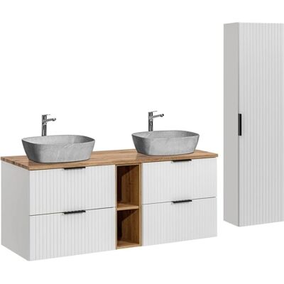 Conjunto de baño con lavabo doble PETITS-MEUBLES - 140cm, Blanco, Imitación piedra Conjunto de baño con lavabo doble PETITS-MEUBLES - 140cm, Blanco, Imitación piedra