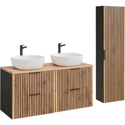 PETITS-MEUBLES Ensemble meuble double vasque 120cm + colonne Gaia Bois - Publicité PETITS-MEUBLES Ensemble meuble double vasque 120cm + colonne Gaia Bois - Publicité