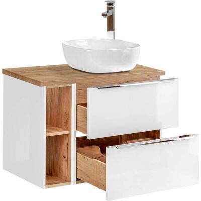 Armoire de salle de bain PETITS-MEUBLES 80cm - Blanc et Bois, 2 Niches - Publicité Armoire de salle de bain PETITS-MEUBLES 80cm - Blanc et Bois, 2 Niches - Publicité