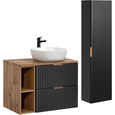 PETITS-MEUBLES Ensemble meuble salle de bain Adriel - 80cm, 2 étagères, Noir & Bois - Publicité PETITS-MEUBLES Ensemble meuble salle de bain Adriel - 80cm, 2 étagères, Noir & Bois - Publicité