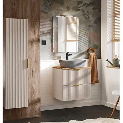 Ensemble de salle de bain compact PETITS-MEUBLES - Blanc & Effet bois - Publicité Ensemble de salle de bain compact PETITS-MEUBLES - Blanc & Effet bois - Publicité