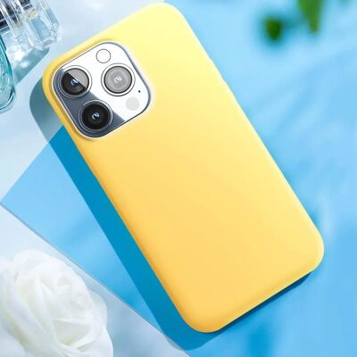 Coque en silicone jaune Moxie pour iPhone 15 Pro - Fine et Légère - Publicité Coque en silicone jaune Moxie pour iPhone 15 Pro - Fine et Légère - Publicité