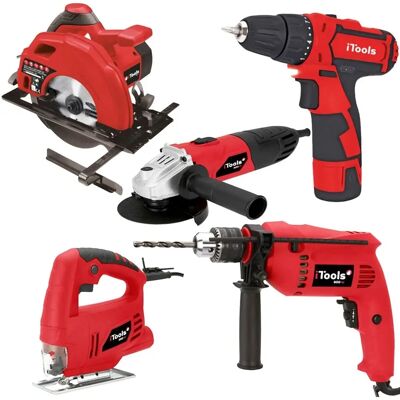 ITools - Ensemble d'outils électriques - 5 outils : meuleuse, perceuse, tournevis, scie circulaire, scie sauteuse - Publicité ITools - Ensemble d'outils électriques - 5 outils : meuleuse, perceuse, tournevis, scie circulaire, scie sauteuse - Publicité