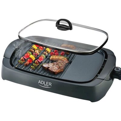 Gril électrique Adler 3000W - 2 zones de cuisson - Couvercle en verre - Publicité Gril électrique Adler 3000W - 2 zones de cuisson - Couvercle en verre - Publicité