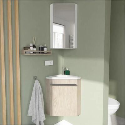 Conjunto de baño de esquina en roble SKINO con lavabo y armario con espejo Conjunto de baño de esquina en roble SKINO con lavabo y armario con espejo