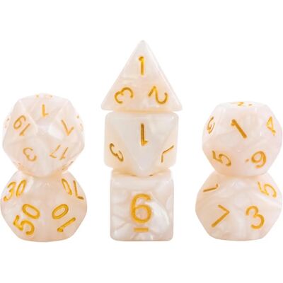 Ensemble de Dés Blanc Perle et Or - Accessoires de Jeux de Rôle - Publicité Ensemble de Dés Blanc Perle et Or - Accessoires de Jeux de Rôle - Publicité