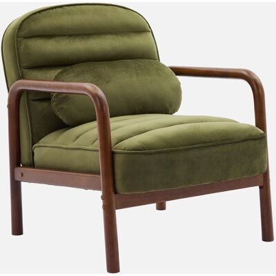 Sweeek - Sillón con terciopelo, madera de caucho teñida de nogal, Verde kaki - Muebles Sweeek - Sillón con terciopelo, madera de caucho teñida de nogal, Verde kaki - Muebles