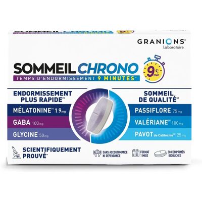Granions Sommeil Chrono 9Min Mélatonine GABA Glycine Extraits de Plantes - Complément de Sommeil - Publicité Granions Sommeil Chrono 9Min Mélatonine GABA Glycine Extraits de Plantes - Complément de Sommeil - Publicité