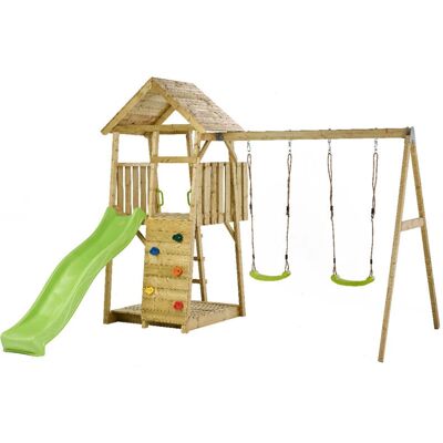 KANGUI Aire de jeux en bois - Double balançoire, toboggan, mur d'escalade - Publicité KANGUI Aire de jeux en bois - Double balançoire, toboggan, mur d'escalade - Publicité