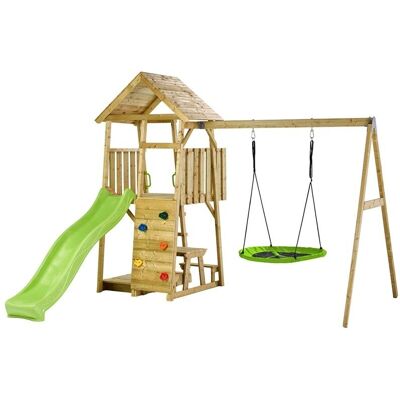 KANGUI Aire de jeux en bois WOODI - Double balançoire ou Nid, Toboggan, Mur d'escalade - Aire de jeux - Publicité KANGUI Aire de jeux en bois WOODI - Double balançoire ou Nid, Toboggan, Mur d'escalade - Aire de jeux - Publicité