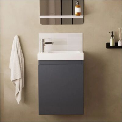 Mueble de baño LISA gris de Mob In - Basin reversible, Bisagras suaves, Acabado brillante Mueble de baño LISA gris de Mob In - Basin reversible, Bisagras suaves, Acabado brillante