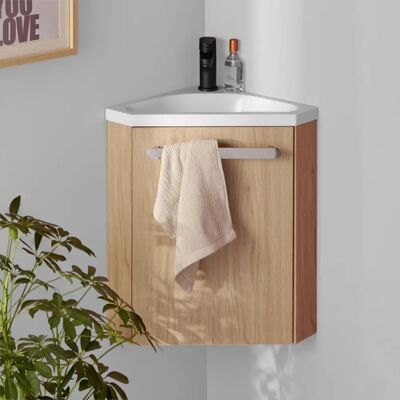 Mobilier de salle de bain SKINO décor chêne avec vasque et robinet noir - Publicité Mobilier de salle de bain SKINO décor chêne avec vasque et robinet noir - Publicité