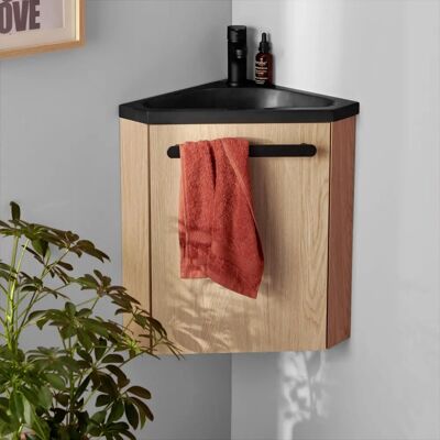 Mob in SKINO décoration chêne lavabo et robinet noir - Meubles - Publicité Mob in SKINO décoration chêne lavabo et robinet noir - Meubles - Publicité