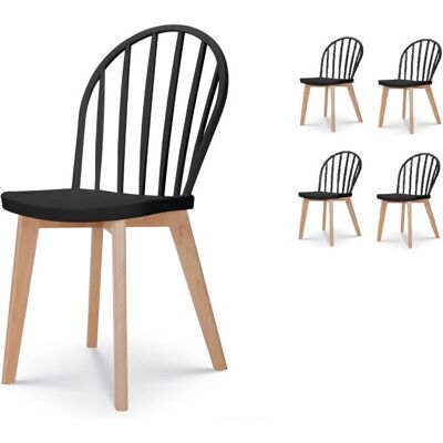 KOSMI - Juego de 4 sillas de resina negras con patas de madera KOSMI - Juego de 4 sillas de resina negras con patas de madera