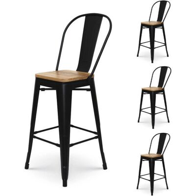 Kosmi - Juego de 4 Taburetes de Estilo Industrial en Metal con Respaldo Alto y Asiento de Madera Clara - 66cm Kosmi - Juego de 4 Taburetes de Estilo Industrial en Metal con Respaldo Alto y Asiento de Madera Clara - 66cm