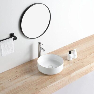 Lavabo redondo de cerámica esmaltada Mendoza - Blanco mate con borde dorado Lavabo redondo de cerámica esmaltada Mendoza - Blanco mate con borde dorado