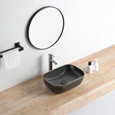Lavabo cuadrado de cerámica negro mate con borde dorado - Cuarto 45,5 x 32,5 cm Lavabo cuadrado de cerámica negro mate con borde dorado - Cuarto 45,5 x 32,5 cm