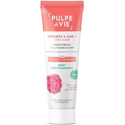 Dentifrice enfant à la framboise bio Pulpe de Vie - Protection contre caries - Publicité Dentifrice enfant à la framboise bio Pulpe de Vie - Protection contre caries - Publicité