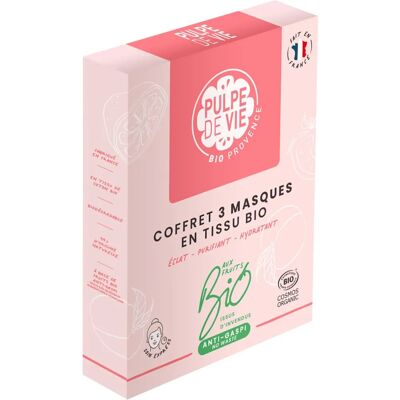 Coffret de 3 Masques en Tissu Bio Pulpe de Vie - Éclat, Hydratation et Purification Coffret de 3 Masques en Tissu Bio Pulpe de Vie - Éclat, Hydratation et Purification