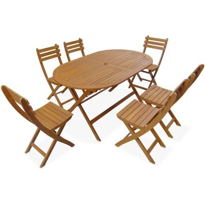 Sweeek - Tavolo da Giardino 150cm e 6 Sedie in Legno di Acacia Sweeek - Tavolo da Giardino 150cm e 6 Sedie in Legno di Acacia