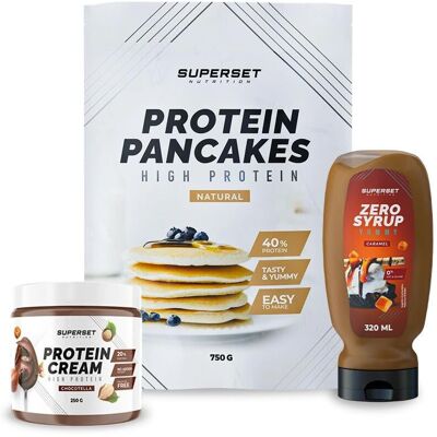 Nature Panquecas - Protéine - Chocotella Zero - Syrup Caramel - Pack Petit-Déjeuner - Publicité Nature Panquecas - Protéine - Chocotella Zero - Syrup Caramel - Pack Petit-Déjeuner - Publicité
