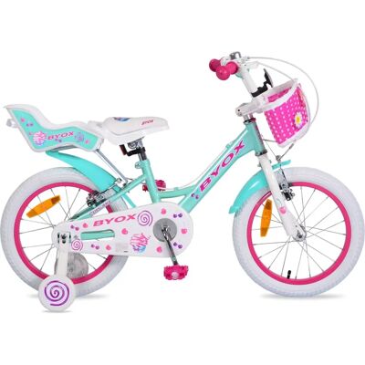 Byox Kinderfahrrad 16 Zoll Cupcake - Stützräder, Puppensitz, Korb, Metallrahmen Byox Kinderfahrrad 16 Zoll Cupcake - Stützräder, Puppensitz, Korb, Metallrahmen