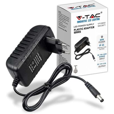 Alimentatore V-TAC VT-23032 - 30W 12V 2,5A, IP44, Nero Alimentatore V-TAC VT-23032 - 30W 12V 2,5A, IP44, Nero
